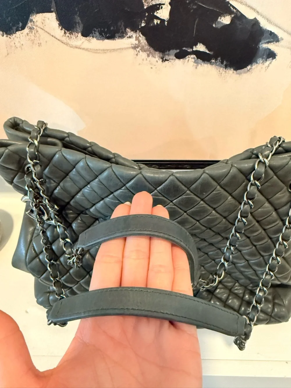 CHANEL Black Quilted Leather Shoulder Bag with Chain Strap and CC Charm